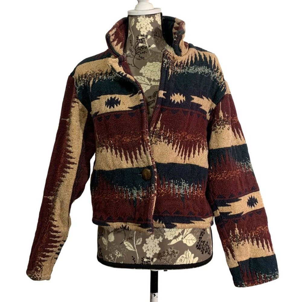 Vintage PACO SOLER Cropped Southwestern Jacket Button Woven Tapestry Womens Boho